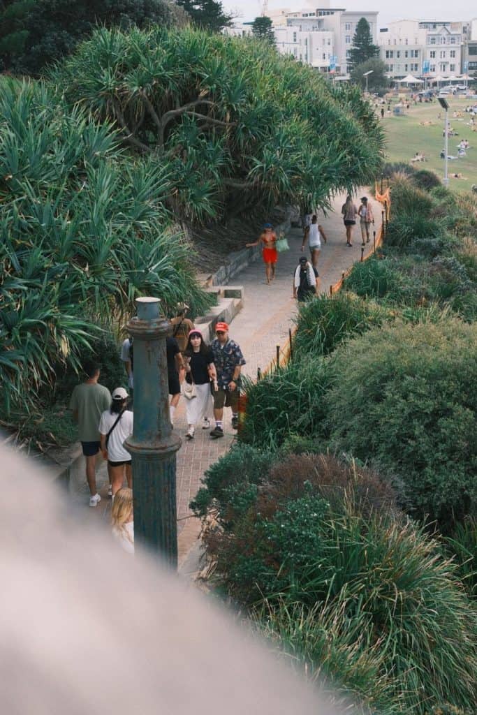 People walking through a green coastal public space in Sydney