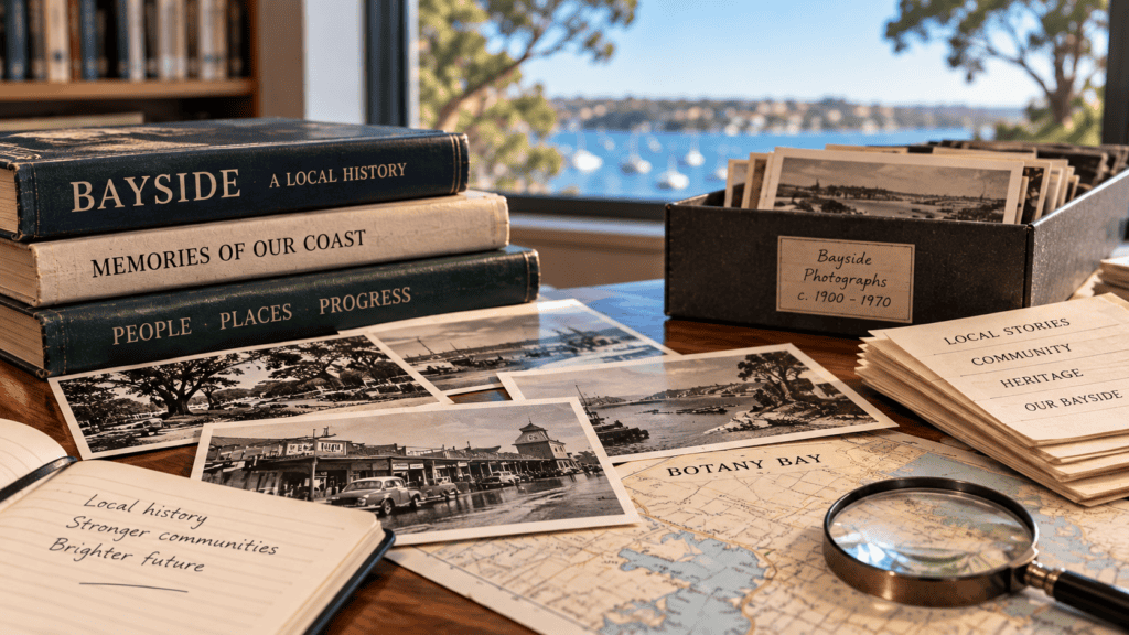 Archival photographs, maps and local history research materials representing Bayside's Historian in Residence program