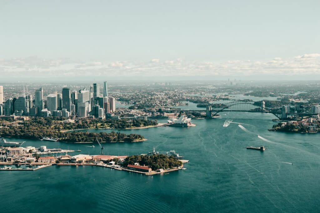 Aerial view of Sydney urban area and waterways