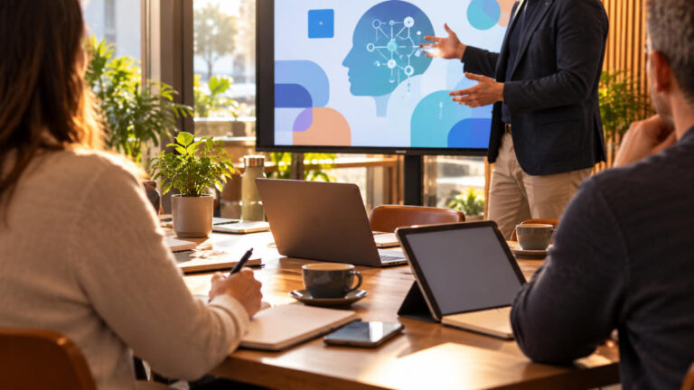AI-generated editorial illustration of a small business workshop with a presenter and attendees using laptops, not a photograph of the Banksia event.