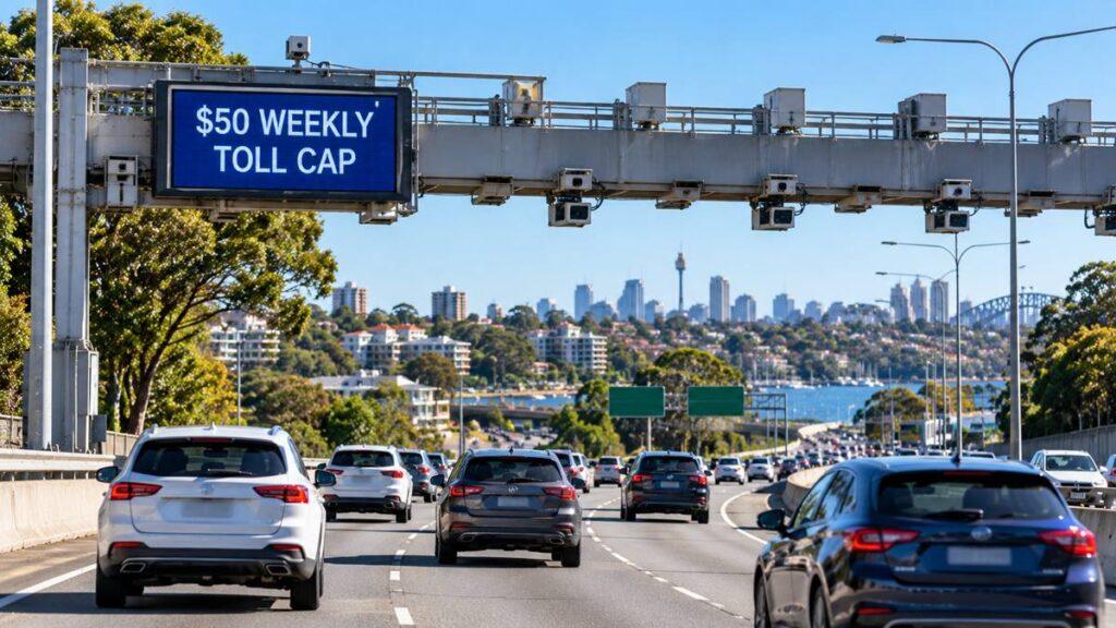 AI-generated illustration of Sydney toll-road traffic with a graphic reading $50 weekly toll cap; not an actual roadside sign.