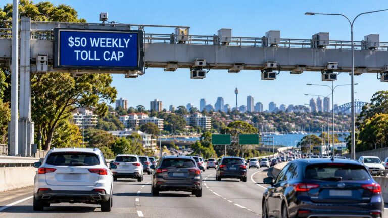 AI-generated illustration of Sydney toll-road traffic with a graphic reading $50 weekly toll cap; not an actual roadside sign.