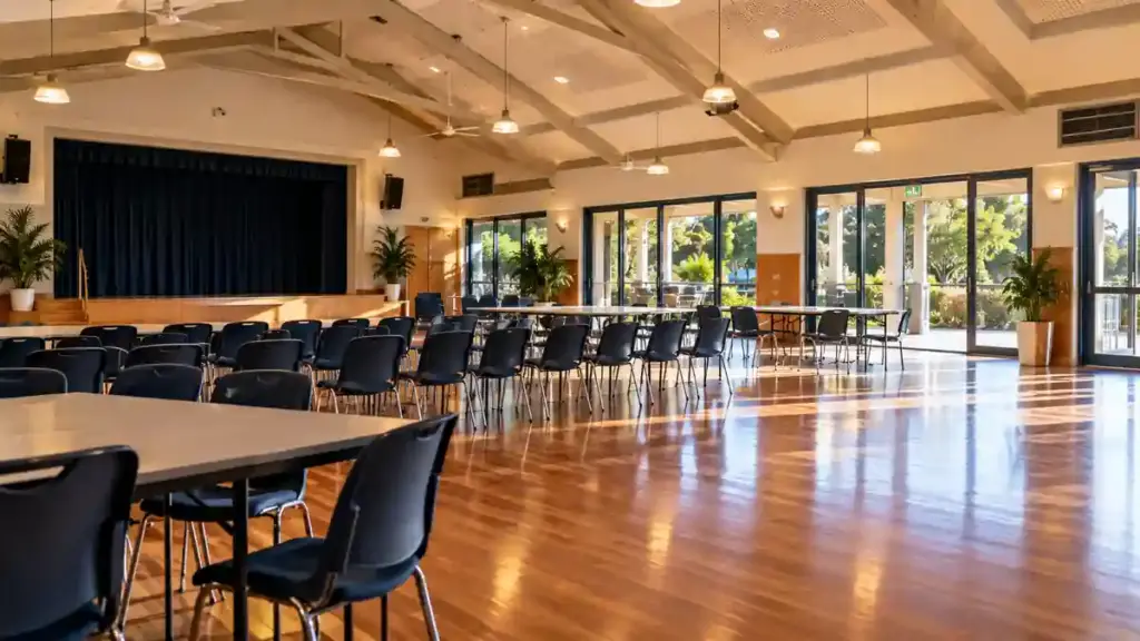AI-generated illustration of a community hall with chairs, a stage and natural light, not an identified Bayside Council venue