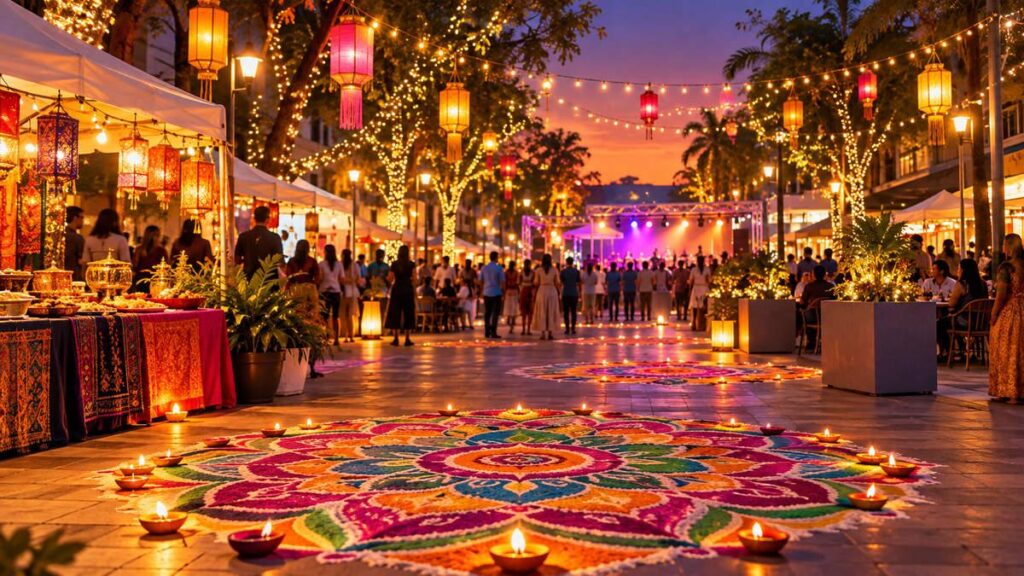 AI-generated editorial illustration of Diwali lights, rangoli and a community festival street scene, not a photograph of the Rockdale event