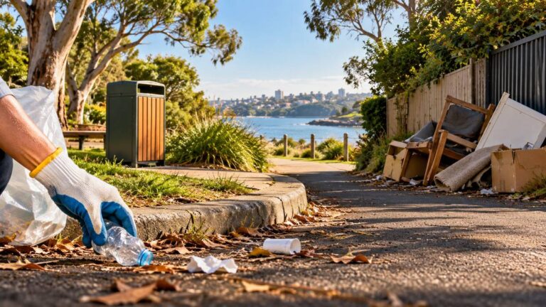 AI-generated editorial illustration of a gloved hand collecting litter near discarded household waste in a generic coastal park; not a photograph of a real dumping site.