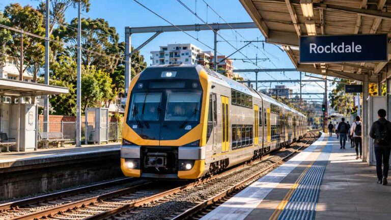AI-generated editorial illustration of a Sydney double-decker train at a suburban station; not a documentary photograph.