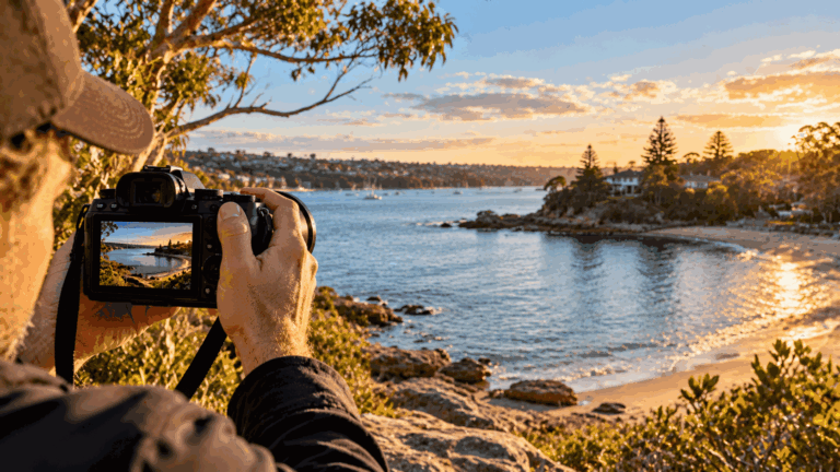 AI-generated editorial illustration of a photographer capturing a bay landscape at sunset, not an actual competition entry