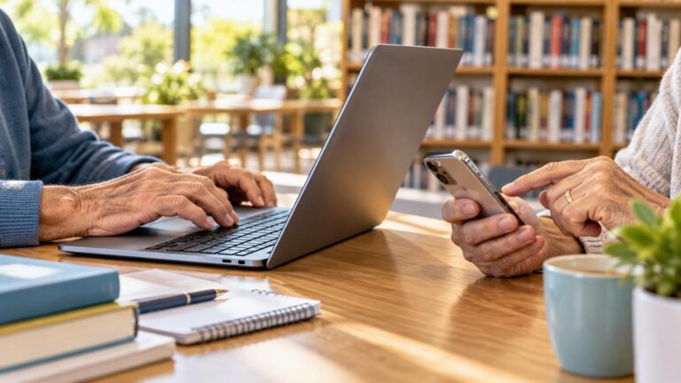 AI-generated editorial illustration of older adults using a laptop and smartphone together in a library setting