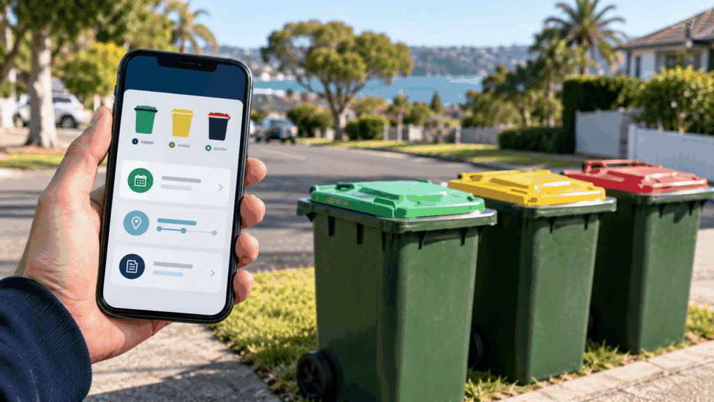 AI-generated editorial illustration of a household checking a waste-collection app near three council wheelie bins, not a screenshot of the official app